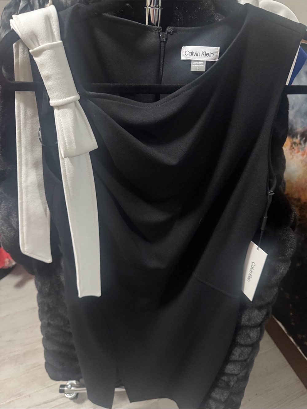 Calvin Klein Black Draped Sheath Dress with White Bow Detail 6
